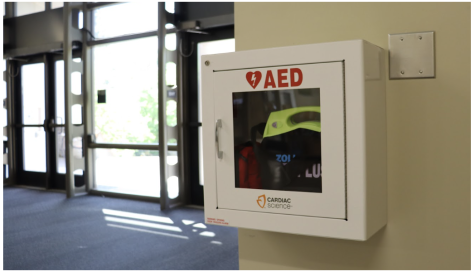 AED box on wall in campus library